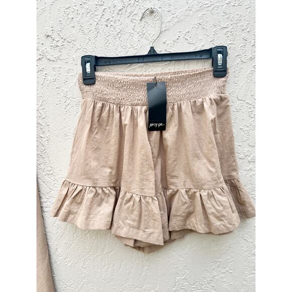 NWT Nasty Gal Long Sleeve Cotton Tie-Front Top and Ruffle Short Set Stone Size 6 - Picture 7 of 12